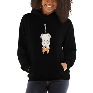 A model wearing a black hoodie with a graphic design of a dog hanging from a web.