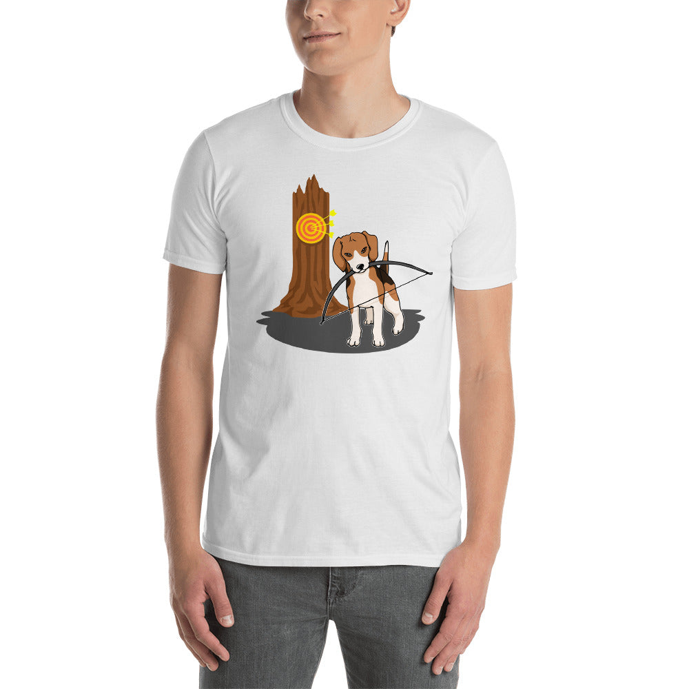 A white t-shirt with a graphic design of a beagle holding a bow with a tree in the background.