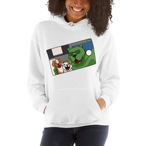 A white hoodie with a graphic design of a selfie that contains dogs.