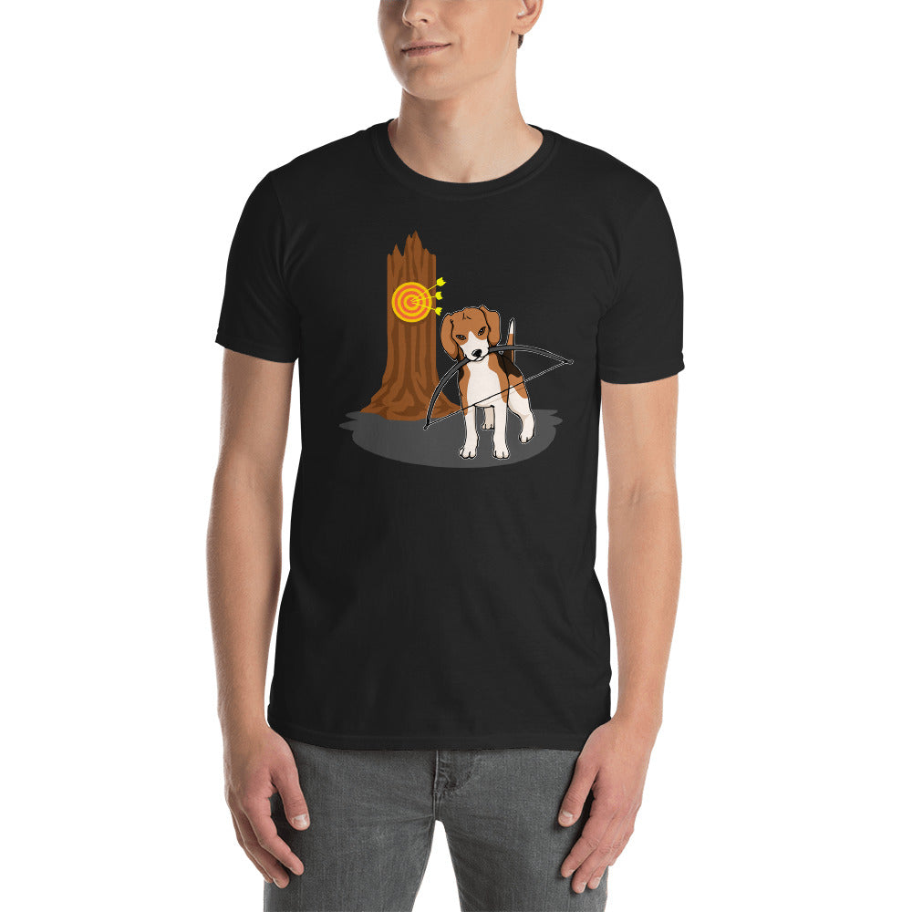 A black t-shirt with a graphic design of a beagle holding a bow with a tree in the background.