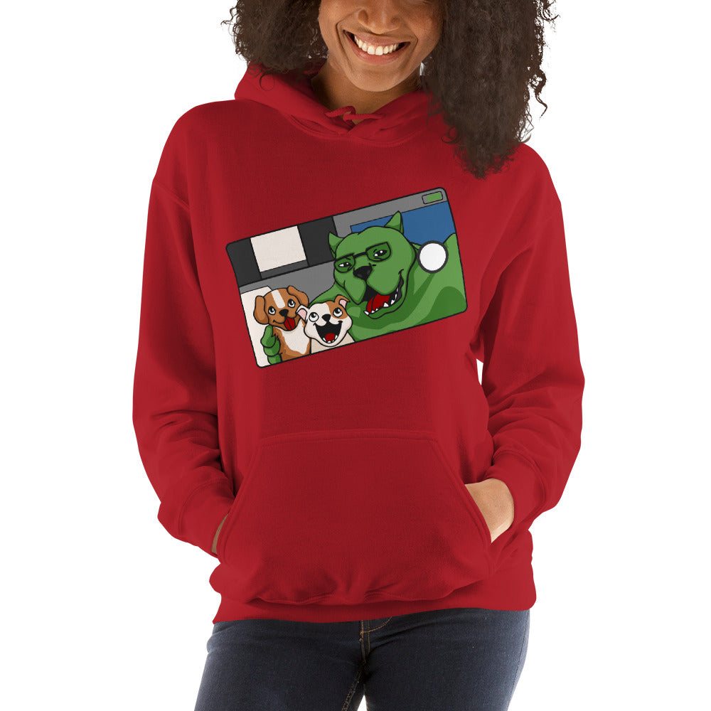 A red hoodie with a graphic design of a selfie that contains dogs.