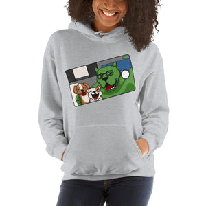 A gray hoodie with a graphic design of a selfie that contains dogs.