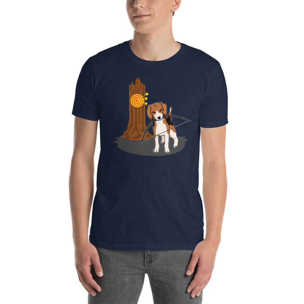 A blue t-shirt with a graphic design of a beagle holding a bow with a tree in the background.